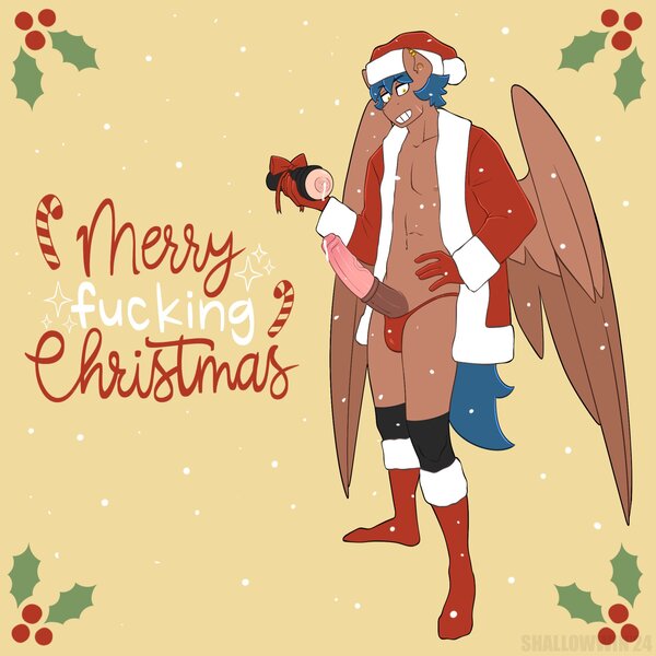 Size: 2048x2048 | Tagged: explicit, artist:shallowwin, derpibooru import, oc, oc:shallow win, unofficial characters only, anthro, pegasus, pony, anthro oc, balls, celebration, christmas, fleshlight, gay, holiday, horsecock, image, jpeg, male, merry christmas, nudity, pegasus oc, penetrable sex toy, penis, sex toy, stallion, wings