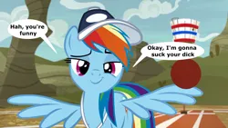 Size: 1920x1080 | Tagged: suggestive, derpibooru import, edit, edited screencap, screencap, rainbow dash, pegasus, pony, common ground, g4, ball, baseball cap, cap, coach rainbow dash, comic, eyebrows, faic, female, hat, hooves, image, imminent blowjob, imminent oral, imminent sex, lidded eyes, looking at you, mare, meme, my little pony, outdoors, png, raised eyebrow, smiling, smirk, smug, smugdash, solo, speech bubble, spread wings, whistle, wingboner, wings