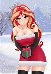 Size: 1276x1843 | Tagged: safe, artist:anonix123, derpibooru import, sunset shimmer, human, equestria girls, g4, 2d, breasts, busty sunset shimmer, christmas, christmas outfit, cleavage, clothes, female, holiday, image, mountain, outdoors, png, present, snow, tree