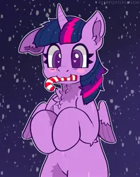 Size: 1576x1989 | Tagged: safe, artist:spookyfoxinc, derpibooru import, twilight sparkle, twilight sparkle (alicorn), alicorn, pony, g4, bipedal, blush sticker, blushing, candy, candy cane, chest fluff, cute, ear fluff, female, food, halfbody, heart, heart eyes, image, jpeg, mare, one ear down, snow, snowfall, solo, twiabetes, wingding eyes