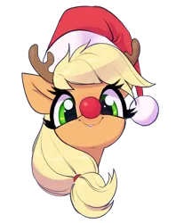 Size: 1800x2275 | Tagged: safe, artist:aquaticvibes, derpibooru import, applejack, earth pony, pony, g4, antlers, bust, christmas, cute, female, hat, holiday, image, jackabetes, mare, png, portrait, red nose, reindeer antlers, santa hat, simple background, smiling, solo, transparent background