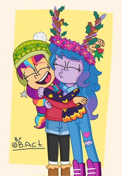 Size: 714x1024 | Tagged: safe, artist:garybaldor, derpibooru import, izzy moonbow, sunny starscout, human, equestria girls, g4, g5, boots, christmas, clothes, coat, cute, denim, denim shorts, duo, duo female, equestria girls-ified, eyebrows, eyebrows visible through hair, eyes closed, fake antlers, female, floral head wreath, flower, g5 to equestria girls, g5 to g4, generation leap, hat, holiday, hug, image, jeans, jpeg, kissing, leggings, lesbian, mane stripe sunny, mistletoe, pants, ripped pants, scarf, ship:moonscout, shipping, shoes, shorts, signature, smiling, socks, torn clothes, winter hat, winter outfit