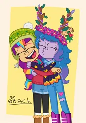 Size: 714x1024 | Tagged: safe, artist:garybaldor, derpibooru import, izzy moonbow, sunny starscout, human, equestria girls, g4, g5, boots, christmas, clothes, coat, cute, denim, denim shorts, duo, duo female, equestria girls-ified, eyebrows, eyebrows visible through hair, eyes closed, fake antlers, female, floral head wreath, flower, g5 to equestria girls, g5 to g4, generation leap, hat, holiday, hug, image, jeans, jpeg, kissing, leggings, lesbian, mane stripe sunny, mistletoe, pants, ripped pants, scarf, ship:moonscout, shipping, shoes, shorts, signature, smiling, socks, torn clothes, winter hat, winter outfit