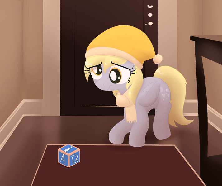 Size: 1900x1600 | Tagged: safe, artist:algoatall, derpibooru import, derpy hooves, pegasus, pony, g4, blocks, clothes, concerned, door, female, hat, image, indoors, looking at something, mare, my little pony the movie: hearth's warming in manehattan, png, scarf, scene interpretation, solo, toy, winter hat