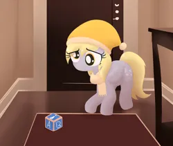 Size: 1900x1600 | Tagged: safe, artist:algoatall, derpibooru import, derpy hooves, pegasus, pony, g4, blocks, clothes, concerned, door, female, hat, image, indoors, looking at something, mare, my little pony the movie: hearth's warming in manehattan, png, scarf, scene interpretation, solo, toy, winter hat