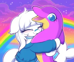 Size: 1777x1487 | Tagged: safe, artist:moozua, derpibooru import, oc, oc:echo location, unofficial characters only, dolphin, dolphin pony, original species, choker, clothes, dolphin tail, hug, image, lisa frank, png, sweater