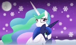 Size: 10053x5954 | Tagged: safe, artist:anime-equestria, derpibooru import, princess celestia, princess luna, alicorn, g4, duo, female, horn, hug, image, moon, night, png, smiling, snow, snowflake, wings