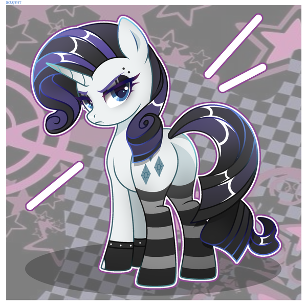 Size: 2048x2048 | Tagged: safe, artist:scarffist, derpibooru import, rarity, pony, unicorn, g4, alternate hairstyle, base used, blue eyes, clothes, cute, derpibooru exclusive, emo, eyebrow piercing, eyelashes, eyeshadow, gloves, goth, horn, image, long hair, long mane, long tail, makeup, piercing, png, serious, serious face, socks, solo, stockings, striped socks, tail, thigh highs