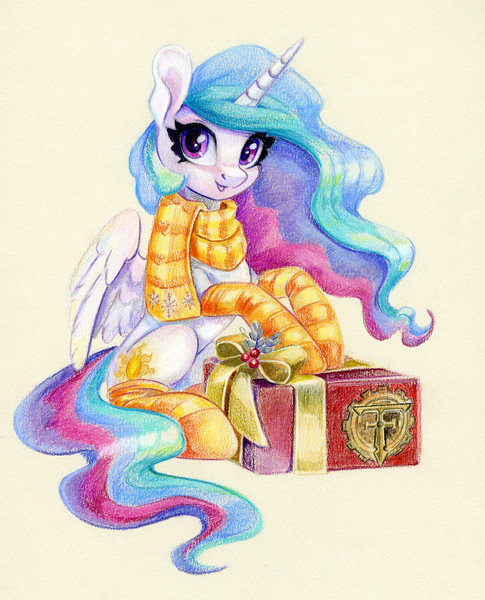 Size: 1212x1500 | Tagged: safe, artist:maytee, derpibooru import, princess celestia, alicorn, pony, g4, box, christmas, clothes, holiday, image, png, present, scarf, sitting, smiling, socks, striped scarf, striped socks, traditional art