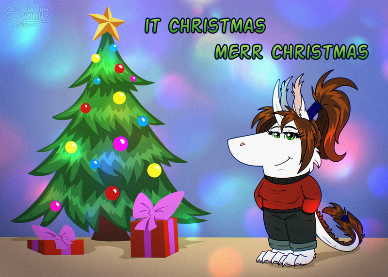 Size: 1600x1143 | Tagged: safe, artist:sunny way, derpibooru import, oc, oc:shasehra gaelehrion, anthro, ki'rinaes, original species, art, artwork, chill, chill girl, chill guy, christmas, christmas tree, cute, digital art, equis universe, female, fluffy, fur, holiday, image, lol, meme, merry christmas, paws, png, present, smiling, solo, tree