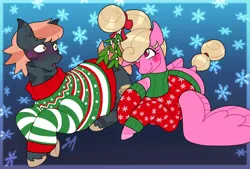 Size: 1488x1004 | Tagged: safe, artist:greenarsonist, derpibooru import, oc, oc:chuckle, oc:gold rush, unofficial characters only, earth pony, pegasus, pony, blushing, christmas, christmas sweater, clothes, earth pony oc, female, hearth's warming, holiday, image, lesbian, mistletoe, pegasus oc, png, ponytail, sweater, tattoo, trans female, transgender, transgender oc, unshorn fetlocks, wings