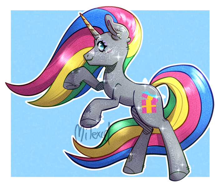 Size: 3088x2616 | Tagged: safe, artist:mitexcel, derpibooru import, oc, unofficial characters only, pony, unicorn, blue eyes, digital art, golden horn, horn, image, multicolored mane, multicolored tail, png, retrogeek crafts, silver coat, solo, tail