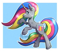 Size: 3088x2616 | Tagged: safe, artist:mitexcel, derpibooru import, oc, unofficial characters only, pony, unicorn, blue eyes, digital art, golden horn, horn, image, multicolored mane, multicolored tail, png, retrogeek crafts, silver coat, solo, tail