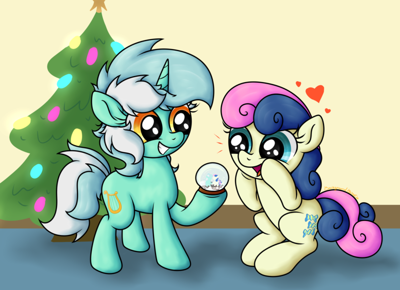 Size: 3683x2666 | Tagged: safe, artist:background basset, derpibooru import, bon bon, lyra heartstrings, sweetie drops, earth pony, pony, unicorn, g4, christmas, christmas tree, duo, female, heart, holiday, horn, image, lesbian, lyrabon, open mouth, png, shipping, sitting, smiling, snow globe, tree