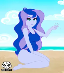 Size: 875x1000 | Tagged: safe, artist:theminus, derpibooru import, princess luna, human, equestria girls, g4, barefoot, beach, breasts, clothes, cloud, feet, female, image, jpeg, kneeling, lipstick, looking at you, male, one-piece swimsuit, outdoors, principal and student, sand, sitting, sky, smiling, smiling at you, snapping, solo, straight, swimsuit, vice principal luna, watermark