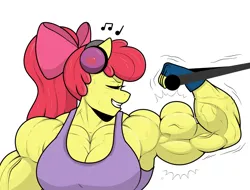 Size: 2202x1673 | Tagged: safe, artist:matchstickman, derpibooru import, apple bloom, anthro, apple brawn, bicep, clothes, eyes closed, grin, headphones, image, jpeg, muscles, music notes, simple background, smiling, solo, sports bra, sweat, white background, workout