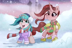 Size: 2400x1600 | Tagged: safe, artist:swasfews, derpibooru import, oc, unofficial characters only, earth pony, unicorn, canterlot castle, clothes, duo, earmuffs, earth pony oc, guard armor, horn, image, jacket, jpeg, looking up, scarf, snow, unicorn oc