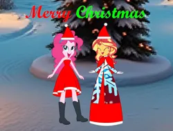 Size: 5470x4160 | Tagged: safe, artist:cartoonmasterv3, derpibooru import, pinkie pie, sunset shimmer, human, equestria girls, g4, caroling, christmas, christmas 2024, clothes, costume, dress, gown, hat, holiday, humanized, image, long dress, long skirt, png, santa claus, santa costume, santa hat, skirt, victorian, victorian dress