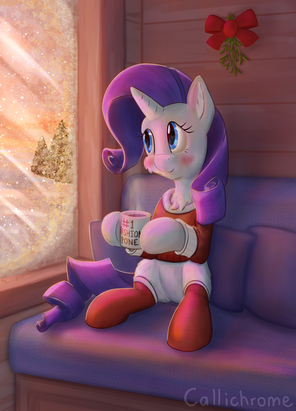 Size: 2160x3000 | Tagged: safe, artist:callichrome, derpibooru import, rarity, pony, unicorn, g4, blushing, chocolate, christmas, clothes, cozy, cute, food, hearth's warming, holiday, horn, hot chocolate, image, indoors, looking away, mistletoe, png, raribetes, signature, snow, socks, stockings, sunset, thigh highs, window