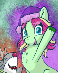 Size: 1600x2000 | Tagged: safe, artist:lindasaurie, derpibooru import, oc, oc:strawi dinosaur, unofficial characters only, earth pony, pony, shark, abstract background, animal costume, chest fluff, christmas, clothes, costume, duo, earth pony oc, eye clipping through hair, eyes closed, happy, hat, holiday, image, looking at you, open mouth, png, ponysona, reindeer costume, santa hat, unshorn fetlocks