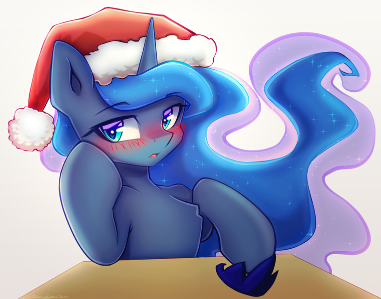 Size: 1189x935 | Tagged: safe, artist:chaosangeldesu, derpibooru import, princess luna, alicorn, pony, g4, blushing, christmas, crown, cute, hat, holiday, image, jewelry, jpeg, looking at you, regalia, santa hat, solo