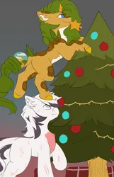 Size: 2255x3503 | Tagged: safe, artist:beardie, derpibooru import, oc, oc:eldorada, oc:yiazmat, unofficial characters only, kirin, unicorn, christmas, christmas tree, couple, duo, female, holiday, horn, husband and wife, image, kirin oc, male, oc x oc, png, shipping, tree, unicorn oc, yiarada