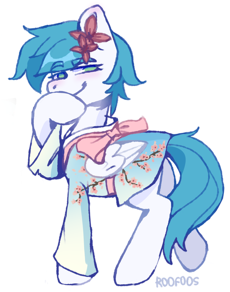 Size: 2276x2884 | Tagged: safe, artist:roofoos, ponerpics import, kimono, oc, oc:mitsu, unofficial characters only, pegasus, pony, bangs, blue dress, blue mane, blue tail, bow, clothes, commission, covering mouth, dress, ears, ears up, eye, eyebrows, eyebrows visible through hair, eyelashes, eyes, female, flower, flower in hair, full body, green eyes, hind legs, image, kimono (clothing), kimono minidress, legs, lightly watermarked, looking at you, mane, mare, mouth, no pupils, nostrils, obi, png, raised hoof, raised leg, short hair, short mane, simple background, simple shading, smiling, smiling at you, smug, solo, squint, standing, tail, watermark, white background, white coat, wings, ych result, your character here