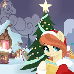 Size: 2500x2500 | Tagged: safe, artist:r4hucksake, derpibooru import, oc, oc:frazzle, pony, blushing, christmas, christmas tree, hat, holiday, image, png, santa hat, solo, tree