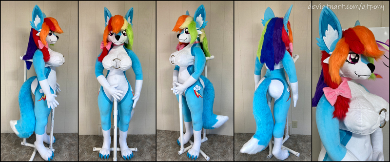 Size: 4870x2020 | Tagged: suggestive, artist:qtpony, derpibooru import, rainbow dash, anthro, fox, g4, anthro plushie, bikini, bikini top, bottomless, clothes, furrified, image, irl, jpeg, life size, partial nudity, photo, plushie, swimsuit