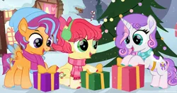 Size: 2048x1085 | Tagged: safe, artist:lovinglypromise, derpibooru import, apple bloom, scootaloo, sweetie belle, pony, g4, alternate design, christmas, christmas tree, cutie mark crusaders, holiday, image, jpeg, present, tree