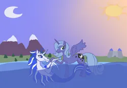 Size: 2048x1420 | Tagged: safe, artist:silverfishv9, derpibooru import, princess luna, oc, oc:azure star (silverfishv9), alicorn, pony, siren, unicorn, g4, blue eyes, blue fur, blue mane, blush lines, blushing, castle, cutie mark, dream, female, gem, green eyes, highlights, horn, image, implied incest, implied shipping, jpeg, magical lesbian spawn, mare, moon, mother and child, mother and daughter, mountain, mountain range, offspring, parent and child, parent:princess celestia, parent:princess luna, parents:princest, product of incest, s1 luna, siren gem, siren oc, sirenified, species swap, sun, unicorn oc, water