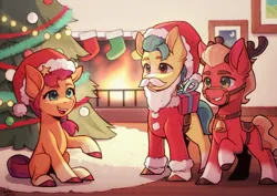 Size: 2571x1823 | Tagged: safe, artist:xiaowu07, derpibooru import, hitch trailblazer, sprout cloverleaf, sunny starscout, earth pony, pony, g5, christmas, christmas tree, female, holiday, image, jpeg, male, mare, stallion, tree, younger