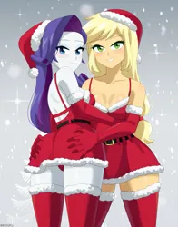 Size: 825x1050 | Tagged: suggestive, artist:riouku, derpibooru import, applejack, rarity, equestria girls, g4, ass, belt, belt buckle, blushing, breasts, butt, butt grab, butt touch, christmas, christmas outfit, cleavage, clothes, costume, eyeshadow, female, grope, hat, holiday, image, lesbian, looking at you, looking back, makeup, outdoors, png, rarijack, santa costume, santa hat, shipping, sideboob, smiling, smiling at you, snow, socks, thigh highs