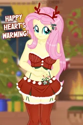 Size: 4500x6733 | Tagged: suggestive, artist:jennieoo, derpibooru import, fluttershy, equestria girls, g4, antlers, christmas, clothes, garters, hearth's warming, holiday, image, looking at you, mistletoe, png, skirt, smiling, smiling at you, socks, solo, stockings, thigh highs, top