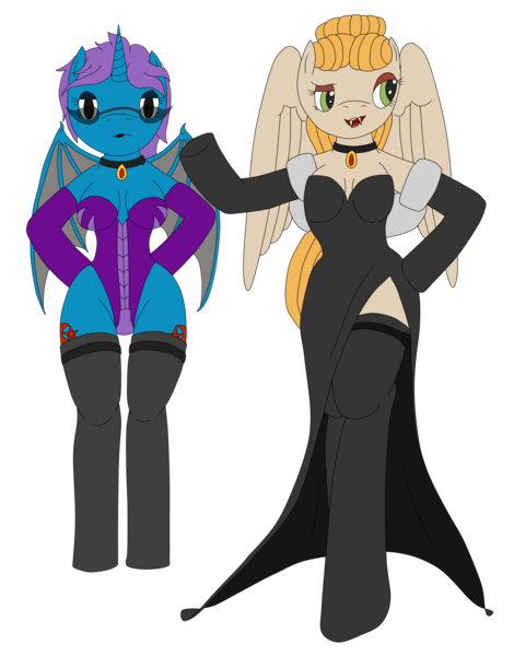 Size: 3113x3976 | Tagged: suggestive, artist:timejumper, derpibooru import, oc, oc:sage boline, oc:skirov ring, unofficial characters only, anthro, bat pony, pegasus, undead, vampire, bodysuit, choker, clothes, collar, dominant, dress, evening gloves, female, femdom, gloves, hypnosis, image, long gloves, png, socks, thigh highs, witch