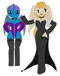 Size: 3113x3976 | Tagged: suggestive, artist:timejumper, derpibooru import, oc, oc:sage boline, oc:skirov ring, unofficial characters only, anthro, bat pony, pegasus, undead, vampire, bodysuit, choker, clothes, collar, dominant, dress, evening gloves, female, femdom, gloves, hypnosis, image, long gloves, png, socks, thigh highs, witch