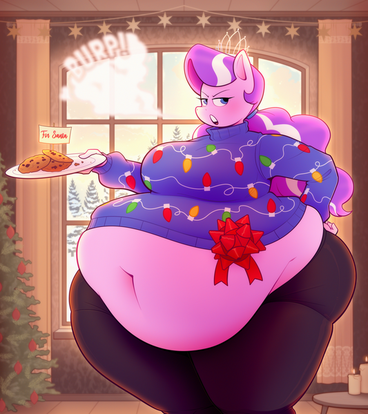 Size: 3200x3600 | Tagged: suggestive, artist:secretgoombaman12345, derpibooru import, diamond tiara, anthro, earth pony, g4, belly, belly button, big belly, bow, burp, christmas, christmas lights, christmas sweater, christmas tree, chubby diamond, clothes, cookie, decoration, fat, female, food, holiday, huge belly, image, jewelry, looking at you, midriff, obese, pants, png, side eye, snow, solo, solo female, sweater, tiara, tree, unamused, window