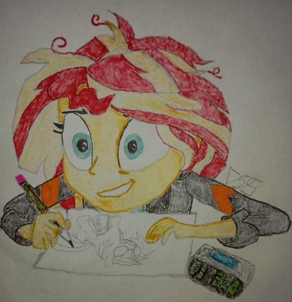 Size: 964x995 | Tagged: safe, artist:the spectres, derpibooru import, sunset shimmer, human, equestria girls, g4, alarm clock, anxiety, clock, clothes, derpibooru exclusive, female, grin, image, jacket, marker drawing, messy hair, nervous, nervous grin, pencil, picture-in-picture, png, sketch, smiling, solo, traditional art