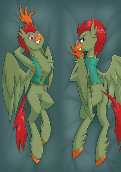 Size: 3000x4242 | Tagged: suggestive, artist:moonatik, derpibooru import, oc, oc:crack lightning, classical hippogriff, hippogriff, equestria at war mod, aviator sunglasses, bedroom eyes, body pillow, body pillow design, butt, clothes, featureless crotch, hippogriff oc, image, looking at you, lying down, male, male oc, plot, png, smug, solo, solo male, sultry pose, sunglasses, wings