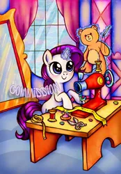 Size: 1420x2044 | Tagged: safe, artist:dariarchangel, derpibooru import, rarity, pony, unicorn, g4, adorable face, bipedal, blue eyes, blue sky, blushing, button, c:, carousel boutique, cloud, commission, curtains, cute, cute face, cute smile, daaaaaaaaaaaw, detailed background, female, filly, filly rarity, glow, glowing horn, hnnng, horn, image, indoors, jpeg, levitation, looking up, magic, magic aura, measuring tape, mirror, obtrusive watermark, pins, plushie, purple hair, purple mane, purple tail, raribetes, rarity being rarity, ribbon, scissors, seamstress, sewing, sewing machine, sewing needle, sky, small horn, smiling, smol, solo, sweet dreams fuel, table, tail, teddy bear, telekinesis, traditional art, watermark, weapons-grade cute, white coat, window, younger