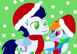 Size: 2456x1740 | Tagged: safe, artist:mlplary6, derpibooru import, rainbow dash, soarin', pegasus, pony, g4, christmas, clothes, female, hat, holiday, image, male, mare, png, santa hat, scarf, shipping, snow, soarindash, stallion, straight