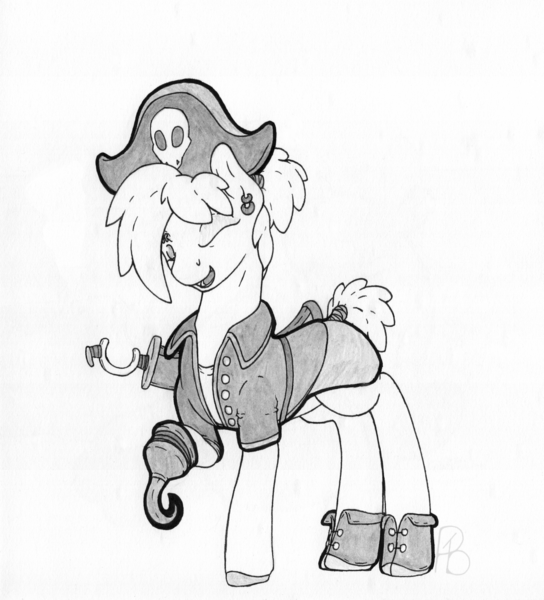 Size: 2140x2360 | Tagged: safe, artist:parallel black, derpibooru import, part of a set, oc, oc:moonshot, earth pony, pony, clothes, commission, costume, ear piercing, earring, female, hat, hook, image, jewelry, mare, one eye closed, piercing, pirate, pirate hat, png, simple background, solo, sword, traditional art, weapon, white background, wink