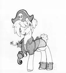 Size: 2140x2360 | Tagged: safe, artist:parallel black, derpibooru import, part of a set, oc, oc:moonshot, earth pony, pony, clothes, commission, costume, ear piercing, earring, female, hat, hook, image, jewelry, mare, one eye closed, piercing, pirate, pirate hat, png, simple background, solo, sword, traditional art, weapon, white background, wink