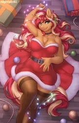 Size: 1250x1932 | Tagged: safe, artist:nightskrill, derpibooru import, sunset shimmer, anthro, unguligrade anthro, unicorn, g4, breasts, busty sunset shimmer, chest fluff, christmas, christmas lights, clothes, dress, female, hand on belly, hearth's warming, hearth's warming eve, holiday, holly, horn, image, looking at you, lying down, on back, png, smiling, smiling at you, solo, solo female