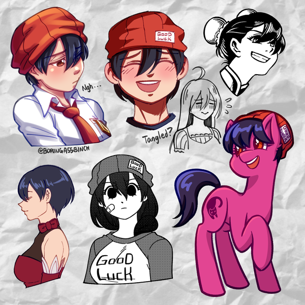 Size: 1500x1500 | Tagged: safe, artist:boringa55binch, ponified, cat, earth pony, pony, anime, anime eyes, anime style, bad luck, beanie, blushing, chun li, clothes, cosplay, costume, cutie mark, dark purple mane, dark purple tail, different art style, different artstyles, different style, eyes closed, female, fuuko izumo, hat, image, looking at you, mare, multiple poses, orange eyes, pink coat, png, raised leg, serious, serious face, smiling, smiling at you, solo, street fighter, text, undead unluck