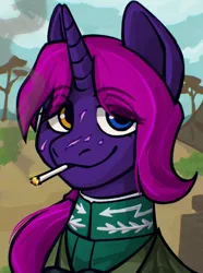 Size: 1040x1400 | Tagged: safe, artist:bunnyshrubby, derpibooru import, oc, oc:danger close, unofficial characters only, pony, unicorn, equestria at war mod, binoculars, bust, camouflage, chiropterra, cigarette, clothes, digital art, female, heterochromia, horn, image, lieutenant colonel, looking at you, mare, military, military uniform, new characters for equestria at war, new characters for equestria at war mod, outdoors, png, portrait, scar, smiling, smiling at you, smoking, solo, unicorn oc, uniform