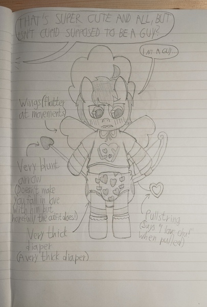 Size: 2752x4081 | Tagged: safe, artist:snowflakepone, derpibooru import, oc, oc:salvey, pony, annoyed, arrow, bipedal, bonnet, bow, clothes, cupid, dialogue box, diaper, diaper fetish, doll, dollie, dollified, fetish, humiliation, image, inanimate tf, jpeg, male, offscreen character, shirt, sketch, socks, stallion, standing, toy, traditional art, transformation