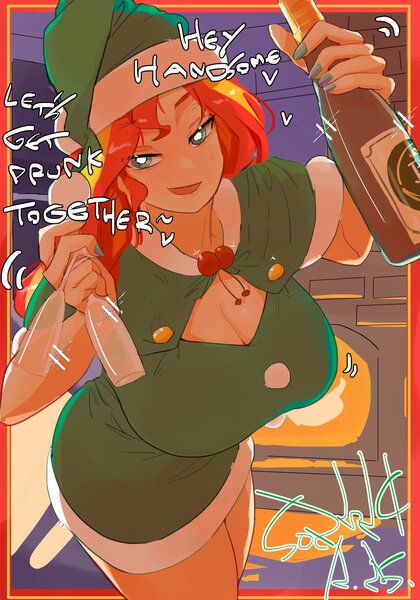 Size: 1400x2000 | Tagged: safe, artist:sozglitch, derpibooru import, sunset shimmer, human, g4, alcohol, bedroom eyes, big breasts, bottle, breasts, busty sunset shimmer, champagne, champagne glass, christmas, cleavage, clothes, dialogue, dress, female, fireplace, hat, heart, holiday, huge breasts, humanized, image, jpeg, looking at you, santa hat, smiling, smiling at you, solo, talking to viewer, white pupils, wine, wine bottle