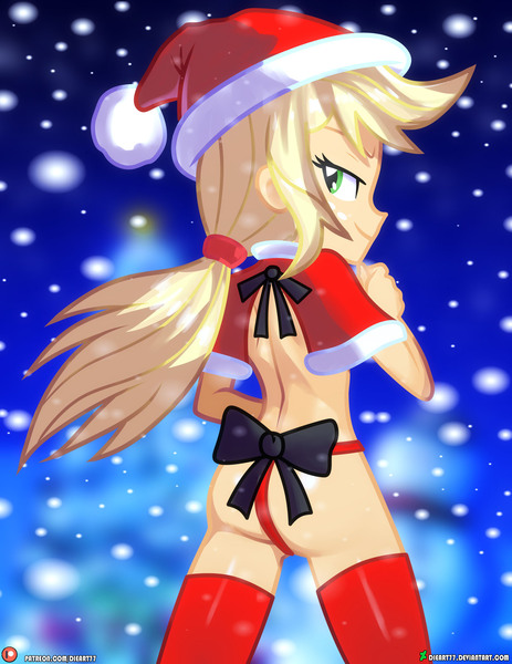 Size: 1500x1942 | Tagged: suggestive, artist:dieart77, derpibooru import, applejack, human, equestria girls, g4, applebutt, bedroom eyes, bow, butt, christmas, clothes, costume, freckles, hat, holiday, image, jpeg, looking at you, looking back, looking back at you, ribbon bikini, santa costume, santa hat, skimpy outfit, snow, socks, stockings, thigh highs