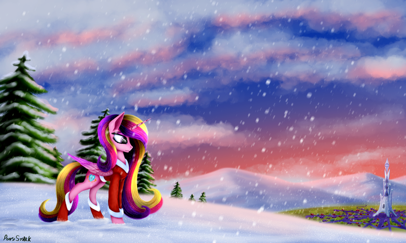 Size: 5000x3000 | Tagged: safe, artist:pony-stark, derpibooru import, princess cadance, alicorn, pony, g4, christmas, clothed ponies, holiday, image, png, snow, solo